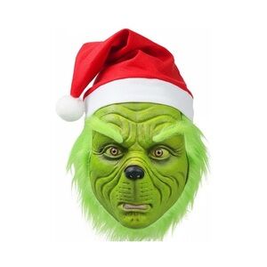 Grinch Santa Hat Costume Mask - Green Faux Fur Holiday Mask one size